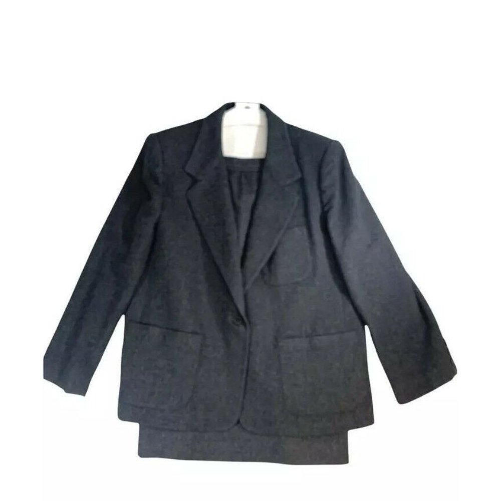Evan Picone Womens Single Breasted Skirt Suit Gray Wool Pocket Button Vintage 42